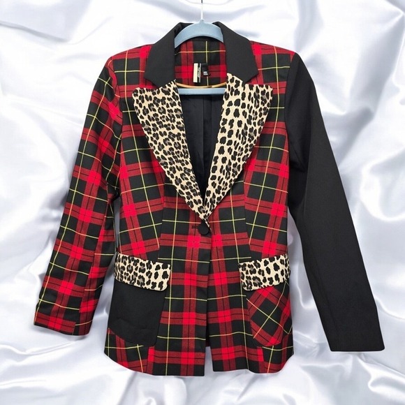 Topshop Jackets & Blazers - Topshop Red Tartan Plaid Leopard Print Blazer Mixed Pattern Jacket Woman Size 0